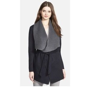 soia & kyo wrap belted coat jacket wool blend navy gray Xs